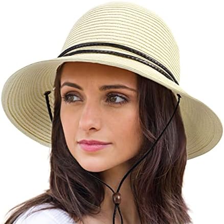 Jednostavnost Ženska широкополая slamnati šešir od sunca s remenom UPF Ljetne sunčane kape za žene