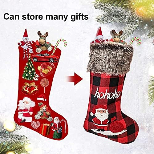 ZLLQIMENG 4 pakiranje Božićnih čarapa u kavez od bivola 18 cm Veliki Božićni čarape s vezom od umjetnog krzna Pljuska za Obiteljski dječjeg blagdana Božićni ukras