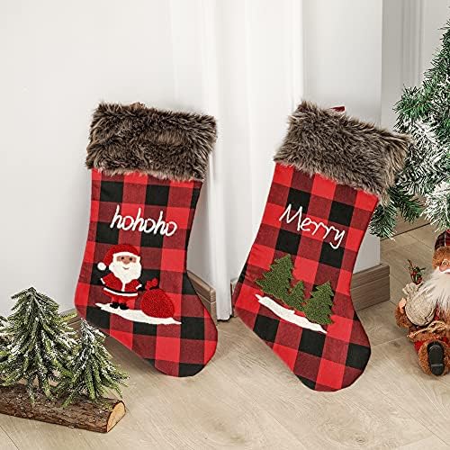 Božićne Čarape YGBOUT 18 inča (e) velike veličine Crveno crni pokrivač od bizona s pliš vezane lisicama Klasične Božićne čarape Ukras za obiteljski odmor Božićni domjenak