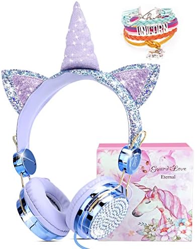 Dječji slušalice s единорогом za djevojaka, Ožičen slušalice s priključkom od 3,5 mm, mikrofon, Slušalice za školu rođendan, Božićni poklon Jednoroga (Plava boja Vile)