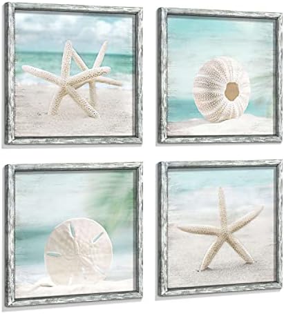 Drveni zidni umjetnost u plaže okvir: Skup obalnim umjetničkih djela od 4 Morske zvijezde, Morske Školjke i pijeska, Slike u dolarima, Brodovi ispise za uređenje doma