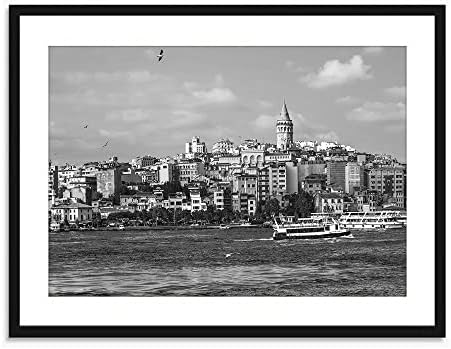 Umjetnička tisak Zidnih umjetnost Crna Slika od punog drveta u okviru sa slike Istanbula, Turska, prekrasan grad, riječnih plovila, kuća - Ukras poster na zidu Crno-bijelo 19x15 inča