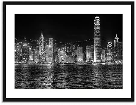 Umjetnička Tisak Zidnih Umjetnost Crni Okvir od punog drveta sa slike noćnih svjetala Hong kongu - Ukras zidni poster Crno - bijelo 19x15 inča