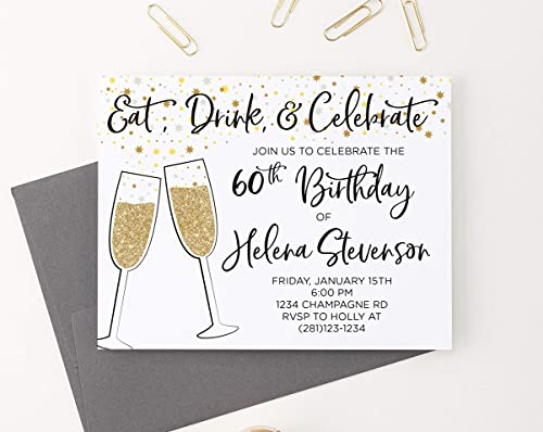Crno-zlatna Pozivnice Šampanjca na 40-og rođendana za žene, Besplatne čestitke na 50. rođendan za žene, Pozivnice
