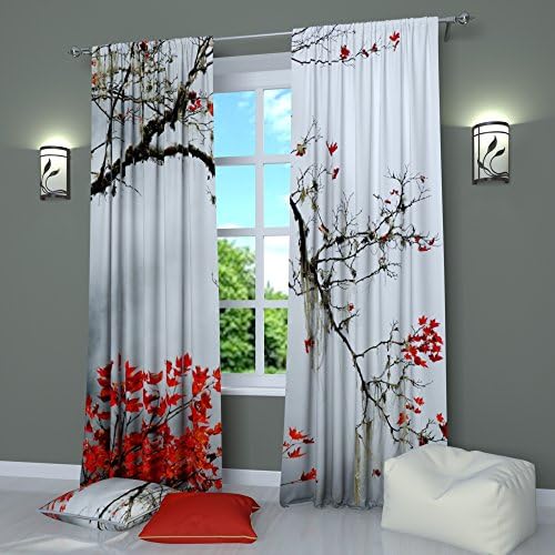 Crno - bijele zavjese Prozorske ploče po cijeloj površini Grane stabla u azijsko-japanskom stilu sa crvenim