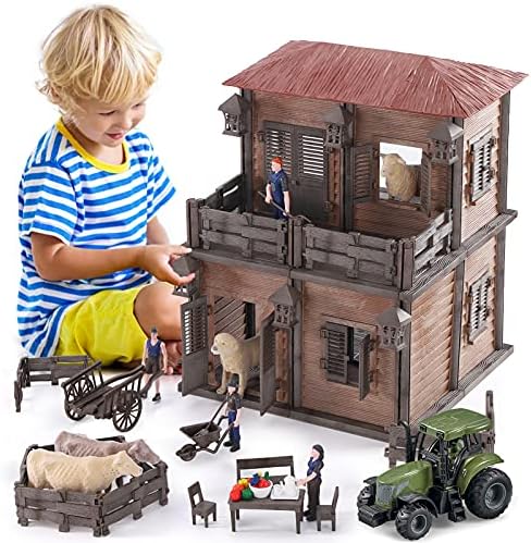 Igra set igračaka Lucky Doug Farm Animal House za djecu od 3-8 godina, 187 kom., Igračke za izgradnju farme, Figurice farmera kuće, Set za igranje uloga s 4 životinjama, 4 figurice, Traktor, 11 D x 11 W x 14 U