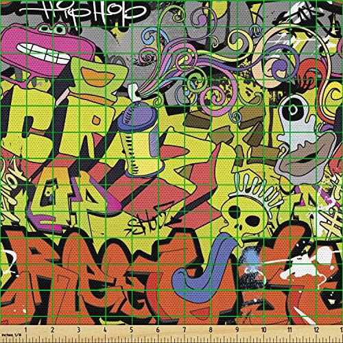 Tkanina za grafita Ambesonne u dvorištu, Moderna Ilustracija u stilu Hip-hop Funky Grunge - Kulture Lubanju, Dekorativne Tkanine za tapeciranje i Kućne akcenti, 1 Yard, Narančasta