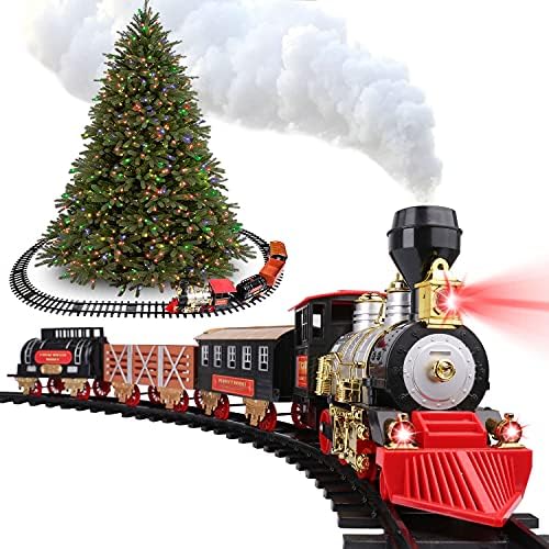 Klasični Set Božićnih blagdanskih vlakova sa sadašnjim Dim, svjetlima i zvukovima, Parnog Lokomotiva I 3 Vagona