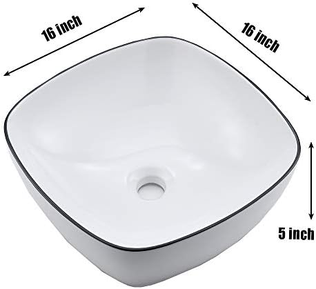 VESLA HOME Moderne je Trg 16x16 Bijeli porculan Keramički umivaonik za kupaonicu s crnim rubom, Keramički umivaonik