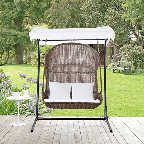 Modway Vantage Плетеное Ротанговое Stolica za ljuljanje na otvorenom vrt sa tendama Smeđe-bijele boje