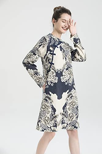 Donje laneno haljina Minibee dugi rukav, haljine-tunike u retro stilu, odjeća s etničkim cvjetnim ispis