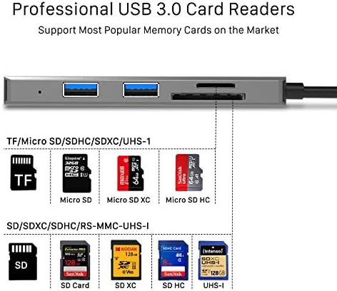 Čitač kartica i USB C, Aluminijske USB hub 3.1 s uređajem za čitanje kartica SD/TF kartica i 3 USB 3.0 je kompatibilan za MacBook Pro 2018/2017/, MacBook Air, ultra-tanki čitač Thunderbolt 3 za ChromeBook