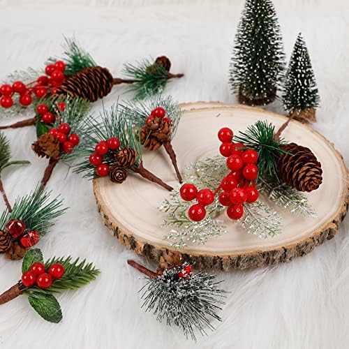 Lulu Home 16 Komada Božićne darove, Umjetne Borove grane s borove pupoljke i crvenim bobicama za Božićne vijenca,