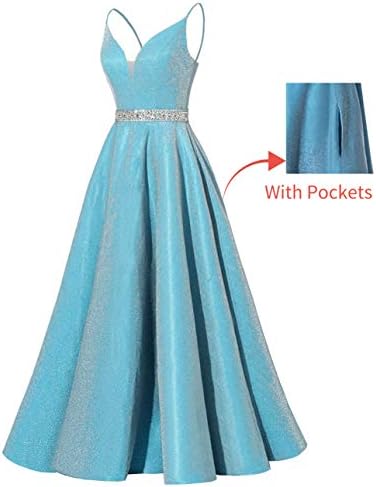 Yexinbridal Sjajna duga haljina za prom s perlicama, saten haljine na trake s V-izrez, večernje haljine