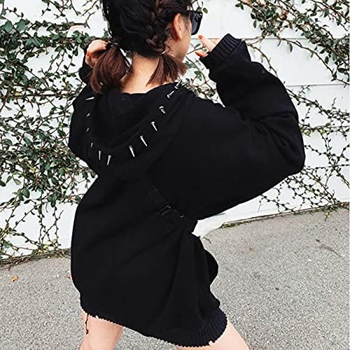 Ženski punk gothic majica sa zakovicama poderane rub majica s kapuljačom dugih rukava pulover majica