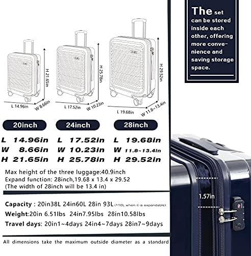 Kofer za prtljagu Coolife Komplet od 3 predmeta extensible (samo 28 cm) ABS+PC Спиннер kofer sa ključem TSA
