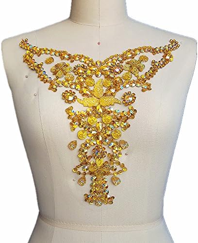 Trim od kristala gorskog kristala Vjenčanje oblog, vezene perle, sa šljokicama, пришитая na dekolte, dizajn нашивки, za šivanje vjenčanica s ovratnikom, ukras URADI sam 28x30 cm (žuta)