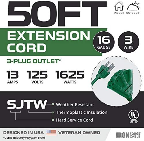 50-Noga Vanjski Produžni kabel s 3 Električnim priključcima - 16/3 SJTW Solidne Zeleni Kabel s Utemeljena Tanjura