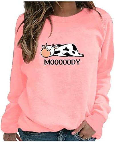 Majice s crtani krava za žene Mooooody s буквенным po cijeloj površini Majice dugi rukav Majica okruglog izreza