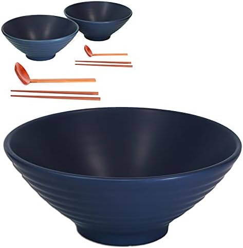 Stakleno keramička Zdjela za Рамена Set od 2 plave 37 oz 8-inčni Zdjela za Juhu s Rezancima sa Drvenom Žlicom