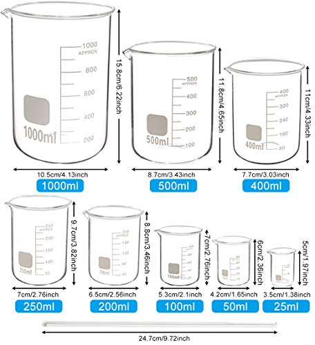 Set Staklenih ocjenjuju čaša SUPERLELE 8шт. 25, 50, 100, 200, 250, 400, 500, 1000 ml, Staklene Mjerne čaše s