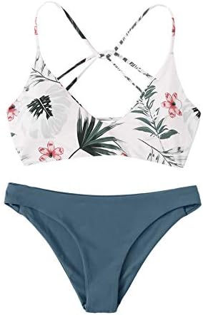 SweatyRocks Ženski seksi kupaći kostim s cvjetnim ispis, Komplet bikini s križem na leđima, Kupanje