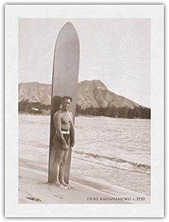 Vojvoda Каханамоку - Plaža Waikiki, Hawaii - Zlatni Olimpijski pratilja u plivanju, Veleposlanik surfanje - Vintage razglednice s ovim fotografijama Tai Sing Wc, 1930 godine - Master-of-the-art print 12 cm x 18 cm