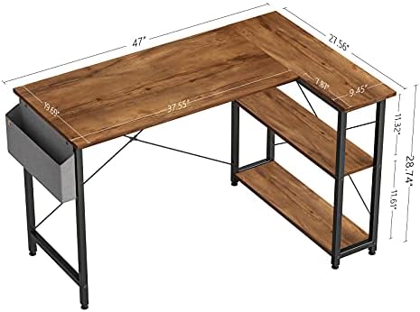 FEZIBO 47-inčni Mali L-oblika Računalni stol s policama za pohranu Kutni stol za dom i ured, Radni Stol Za učenje, Smreka