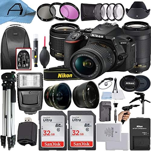Slr fotoaparat Nikon D5600 s 24,2-megapikselni senzor s VR NIKKOR 18-55 mm i dvostrukim objektiv 70-300 mm, 2 kutije kartica SanDisk 32 GB, Ruksak, Stativ, Slave flash i Set pribora A-Cell (Crna)