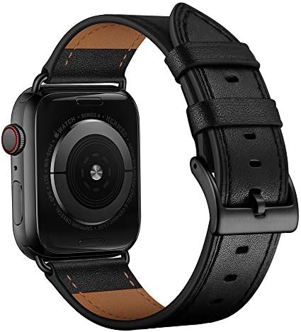 OUHENG Kompatibilan sa Apple Watch Band 45 mm 44 mm 42 mm, Zamijeniti remen od prave kože, Kompatibilan sa Apple Watch Serije 7/6/5/4/3/2/1/SE, Crni remen s crnom adapterom