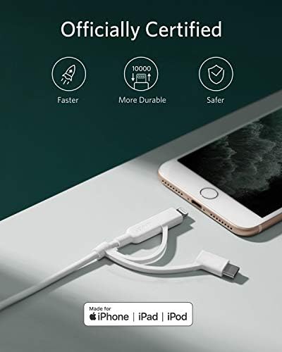 Kabel Anker Powerline II 3-u-1, Lightning kabel/Type C/Micro USB za iPhone, iPad, Huawei, HTC, LG, Samsung Galaxy, Sony Xperia pametnih telefona na Android i mnogo drugog(3 noge, bijela)