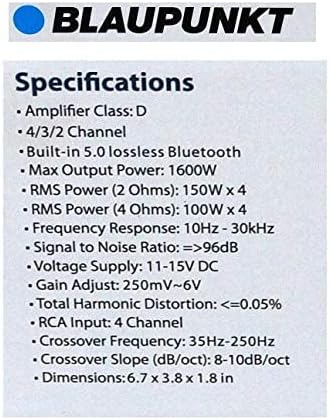 Auto Аудиоусилитель Blaupunkt AMP1804BT 4-kanalno Pojačalo klase D snage 1600 W uz pojačalo punog raspona Bluetooth.