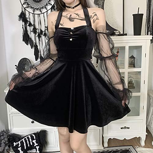 TSMNZMU Gothic Lolita, crno плиссированное prekrasna haljina sa visokim strukom, mrežaste haljine na бретелях dugi rukav