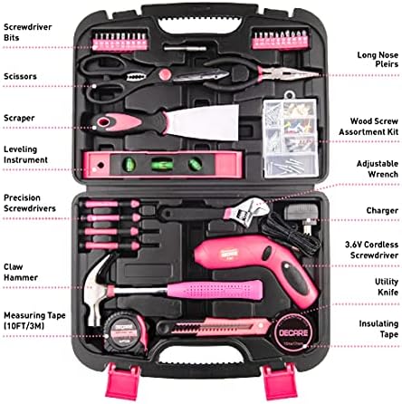 Set alata Decare, Pink Skup Alata od 135 Komada, Komplet Kućanskih Ručnih Alata s Plastičnim Skup Alata, Uključujući