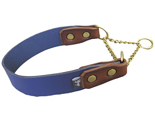 Ogrlica za pse Posrtaljka od tip-top plave kože i elementi od punog mesinga - Ogrlica za pse sa полудохом -