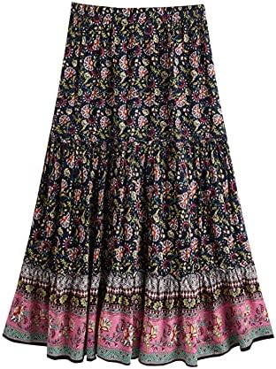 Milumia Ženske vintage suknje Maxi u boho stilu s cvjetnim ispis i tie na struk trapeznog oblika