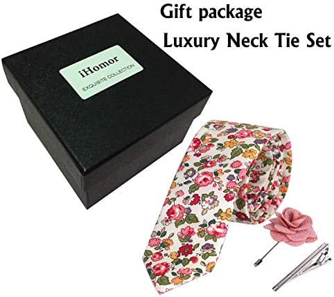iHomor Muški хлопчатобумажный kravatu sa cvjetnim ispis, uske kravate s uklještenjem za kravatu od nehrđajućeg čelika i pin/брошью na rever, poklon set