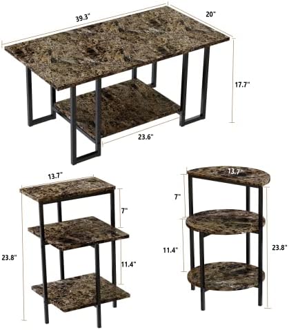 Set Stolova od umjetnog Mramora AWQM, 1 Stol i 2 Bočne Površine, radna ploča od umjetnog mramora i Metalni Okvir,