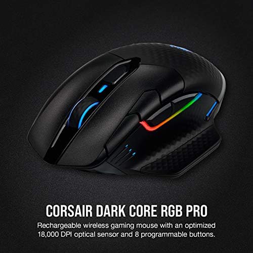 Corsair Dark Core RGB Pro, Bežični gaming miš FPS/MOBA s tehnologijom SLIPSTREAM, Crna, RGB LED pozadinskim, 18000 dpi, Optički,CH-9315411-NA