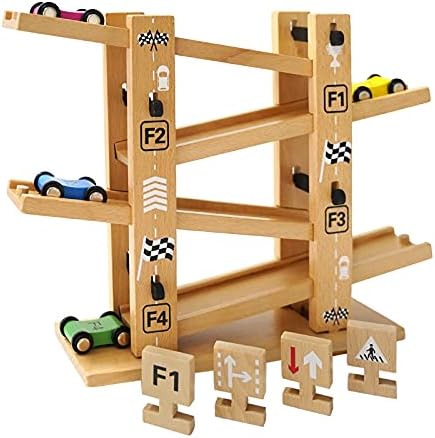 XAOHAO Dječja igračka Automobile rampa Igračke Auto utrke staza za djecu s 4 mini-automobilima i 4 znaci, Drveni