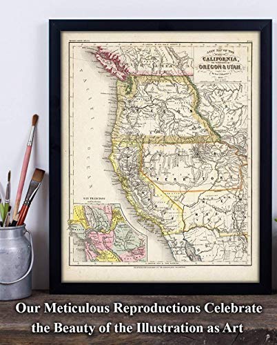 Karta sjeverozapadu Pacifika 1852 godine - Umjetnička ispis 11х14 Bez okvira-Odličan starinski poklon i ukras za stanovnike Kalifornije, Washington ili Oregona koštaju manje od $ 15 dolara.