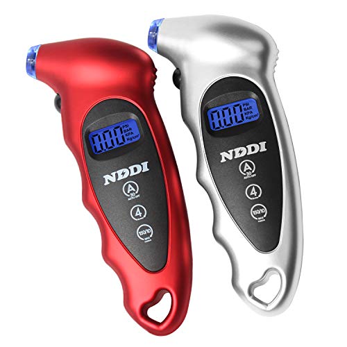 Digitalni mjerač tlaka u gumama NDDI 2 kom, 150 funti po kvadratnom inču, 4 postavke, Automobil, kamion, bicikl, LCD zaslon s pozadinskim osvjetljenjem, Đonovi ručka, siva i crvena.
