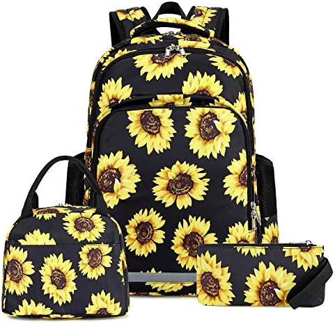 Ruksak s подсолнухом za djevojčice, školski ruksak s cvjetnim uzorkom, Slatka skup ruksaka 3 u 1 s odrezanim ručak - boks i пеналом (3 komada Suncokreta-crna)