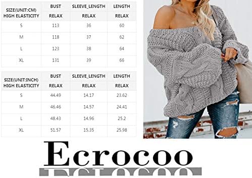 Ecrocoo Za žene s otvorenim ramenima dugi rukav V-izrez s rebrastim Kabelski pulover Veste slobodnog rezanja