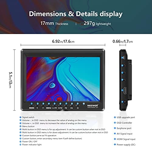 Neewer F100 7-inčni Field monitor, kamera HD Video Assist Tanak 1280x800 IPS 4K HDMI Ulaz za 1080p s kišobranom