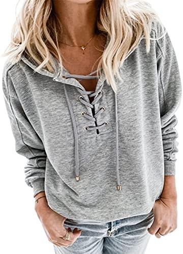 Dokotoo Ženske jesen hoodies čipka-up criss-cross V-izrez i tie, monotono majica, osnovni pulover, vrhovima