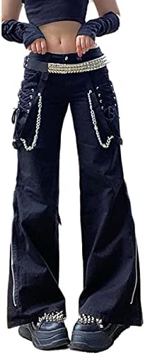 NUFIWI Ženske hlače-teretni u gotičkom stilu, slobodan hlače s niskim strukom, dovoljno široke traperice, vanjska odjeća Харадзюку u stilu punk