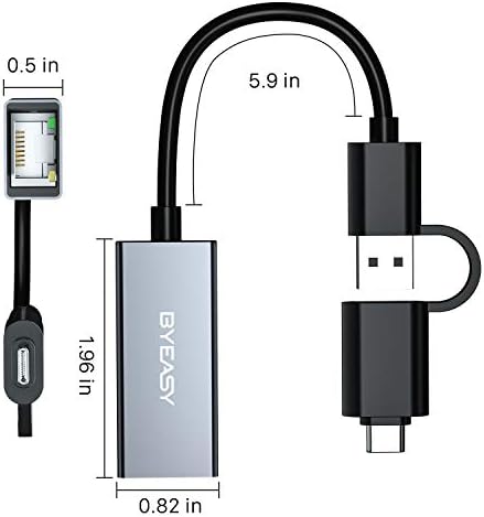 Adapter BYEASY USB-a na Ethernet, USB Adapter C na Ethernet RJ45 Mrežni adapter Gigabit LAN, s podrškom za 10/100/1000