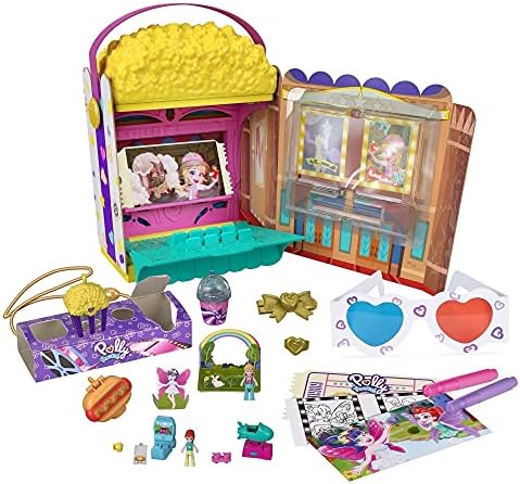 Set za igre Polly Pocket Bez kutije, Kutija u obliku Kokica, Otvara se na Avanturu u kinu, 20 Pribor, uključujući 2 Mikro-Lutke i 3 Maleni Dar za poneti, Odličan Poklon za sve prigode za djecu u dobi od 4 i više godina