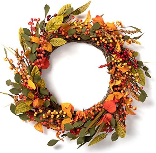Umjetna Jesenja vijenac za žetvu LOHASBEE, 22-inčni jesenja vijenac s lišćem i bobicama za prednja vrata ili